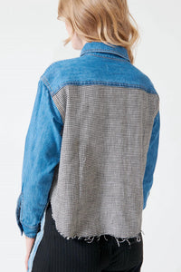 ASKK NY Crosby Combo Flannel Shirt in denim blue houndstooth multi - women's long sleeve top - detail view