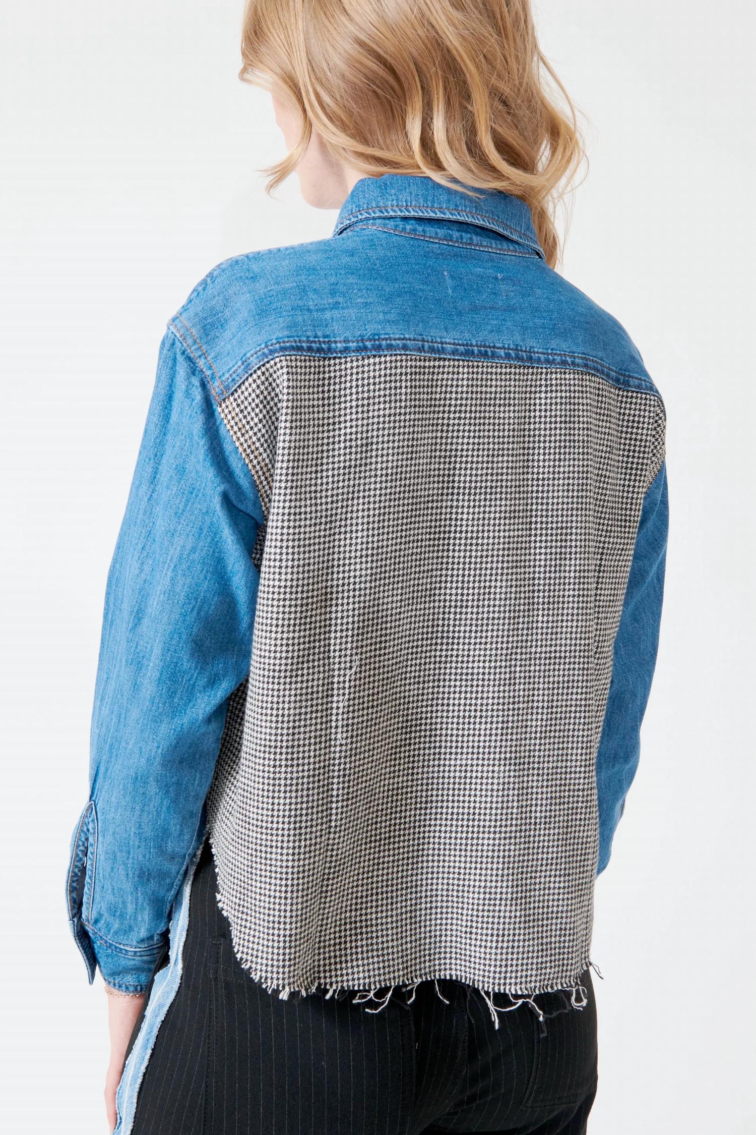 ASKK NY Crosby Combo Flannel Shirt in denim blue houndstooth multi - women's long sleeve top - detail view