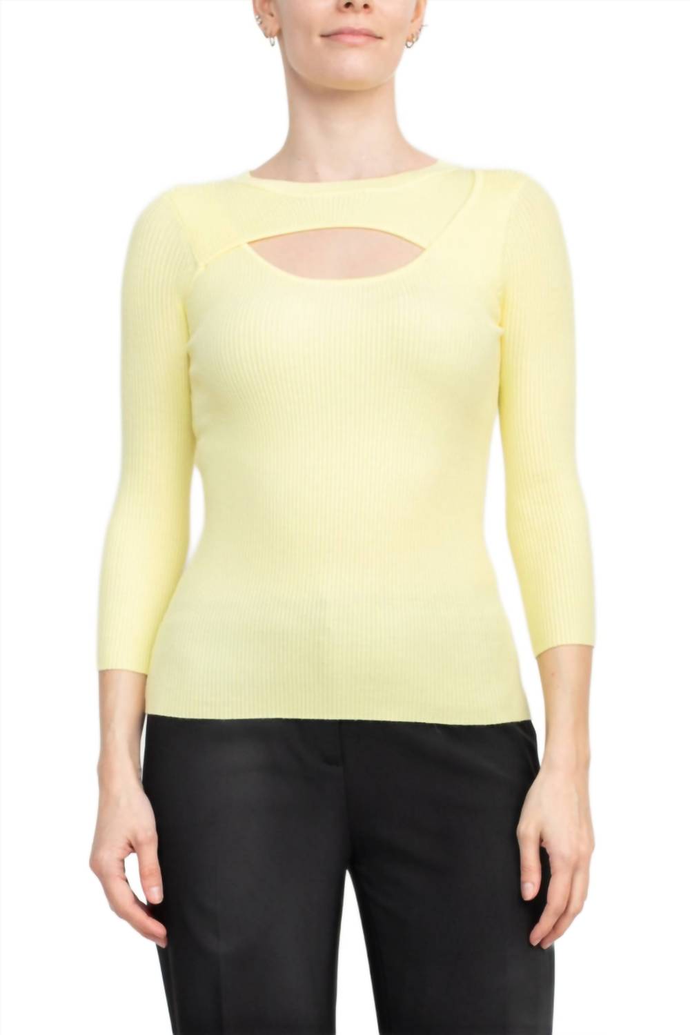 Joan Vass - 3/4 Sleeve Ribbed Pullover Cutout Chest Detail Knit Top