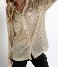 Kiwi Sequined Button Down Long Sleeve Mesh Blouse Shirt in gold - women's blouse - view 5