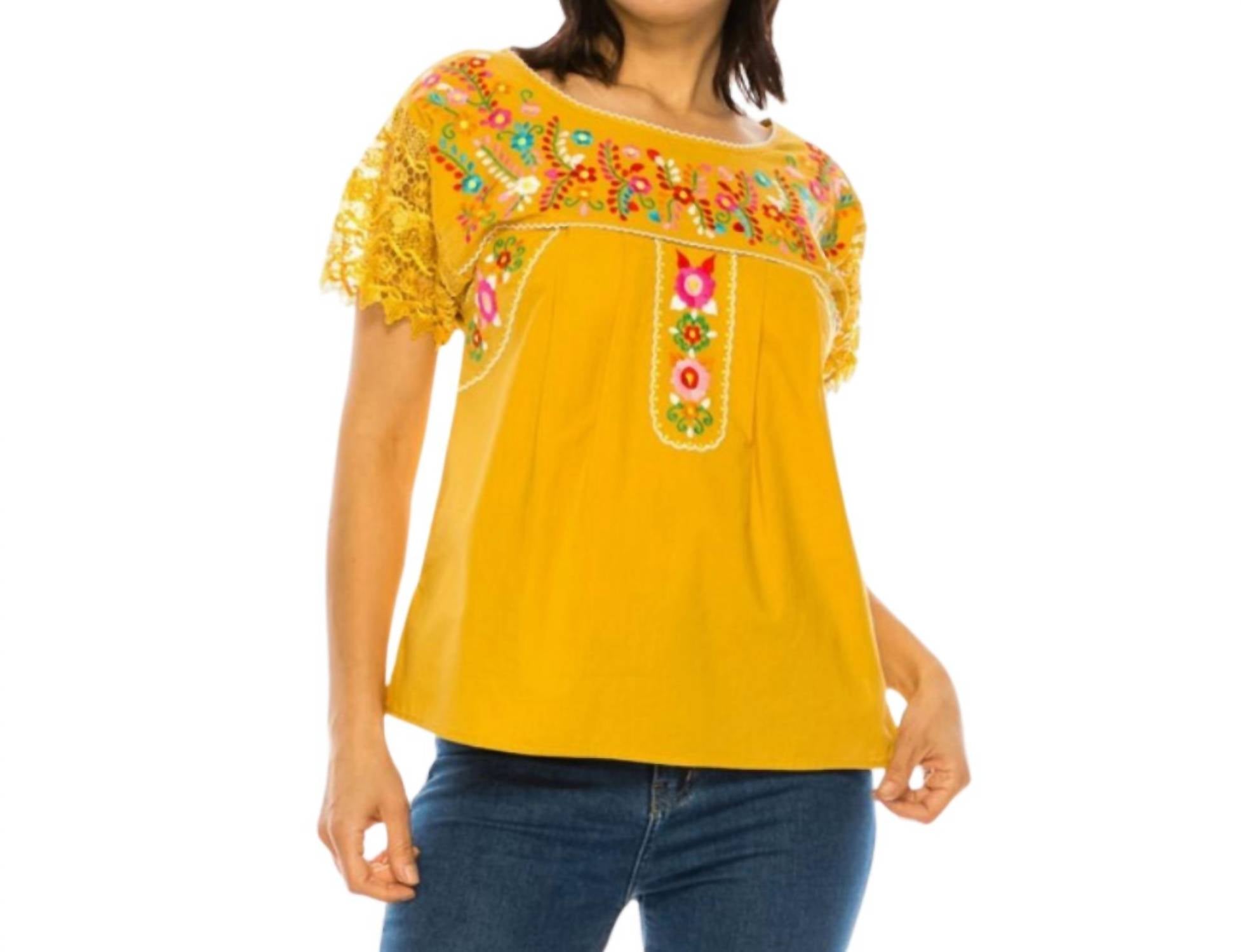 Unik Embroidered Lace Sleeve Blouse in sunshine - women's blouse - detail view