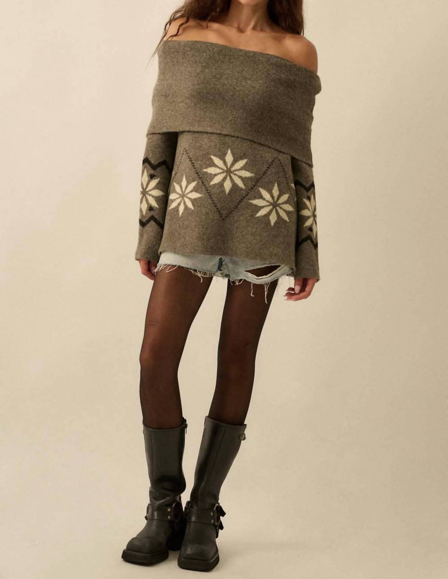 Promesa - Apres Ski Off-shoulder Foldover Alpine Sweater