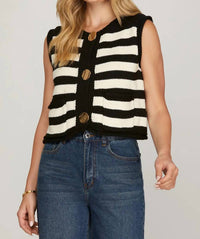 SHE + SKY Sleeveless Striped Button Down Sweater in black - women's sweater