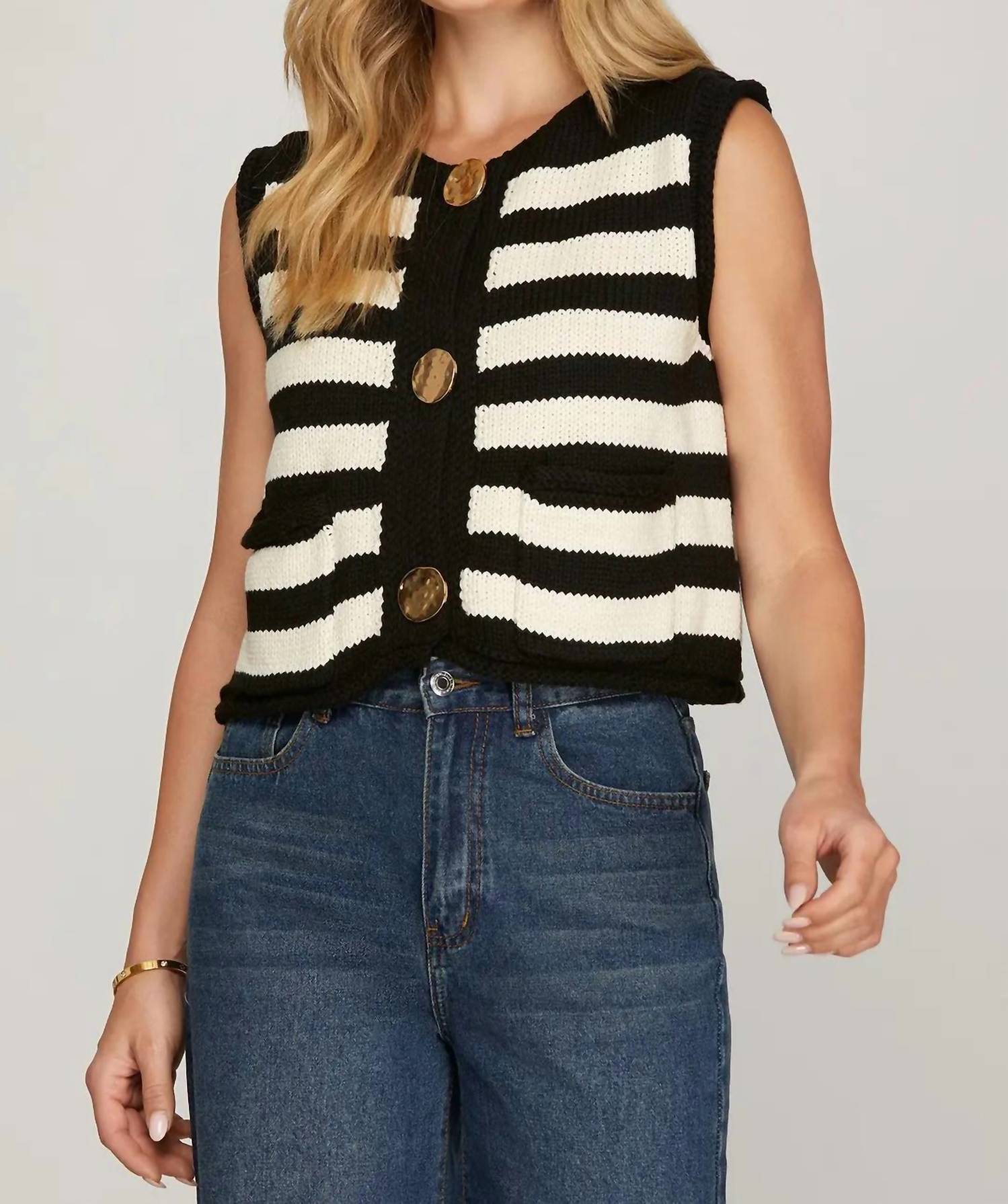 SHE + SKY Sleeveless Striped Button Down Sweater in black - women's sweater