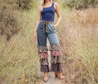 Young Threads - Denim Patchwork Ruffle Flare Pants With Belt