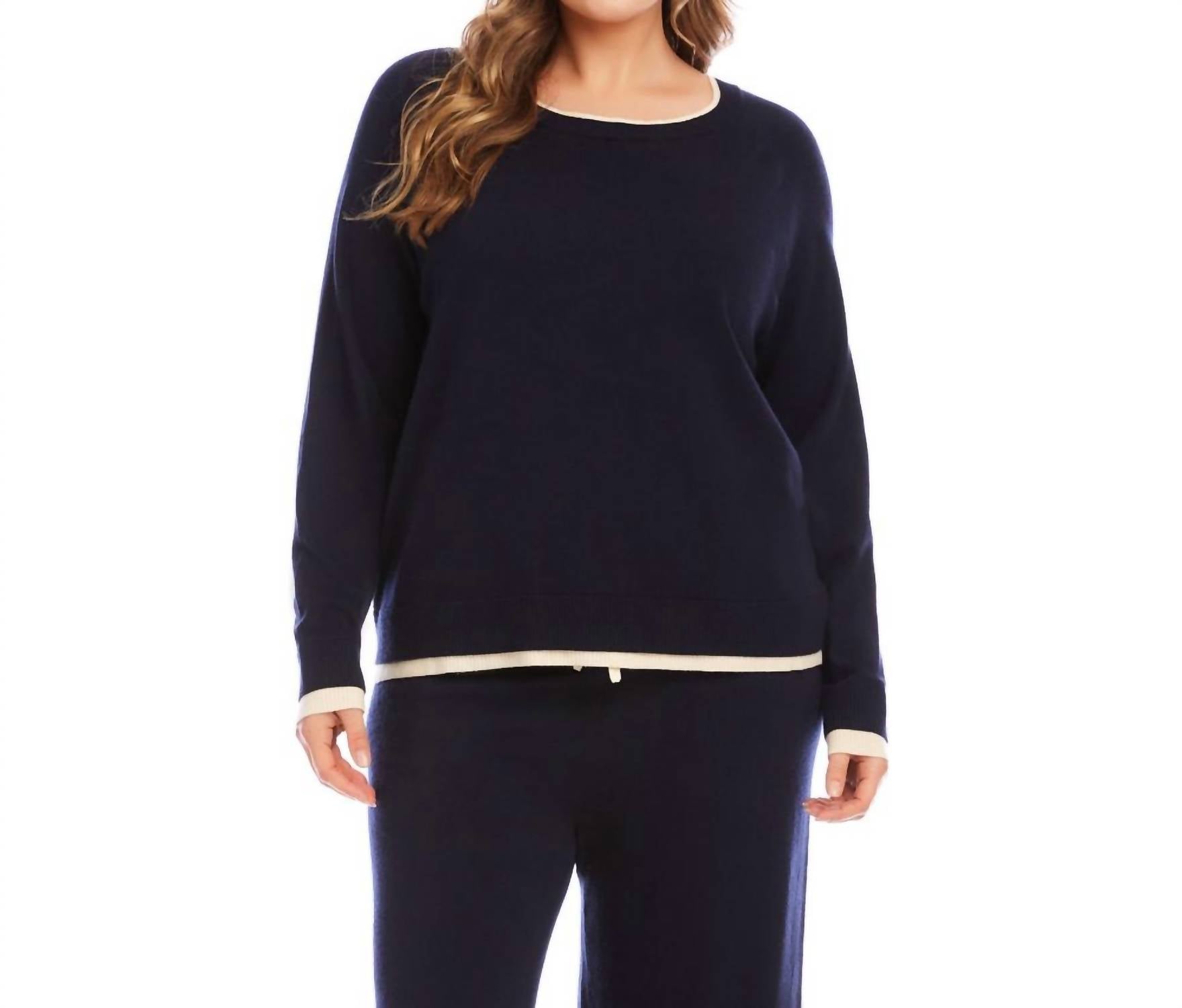 Karen Kane Contrast Crewneck Sweater - Plus in navy with cream - women's sweater