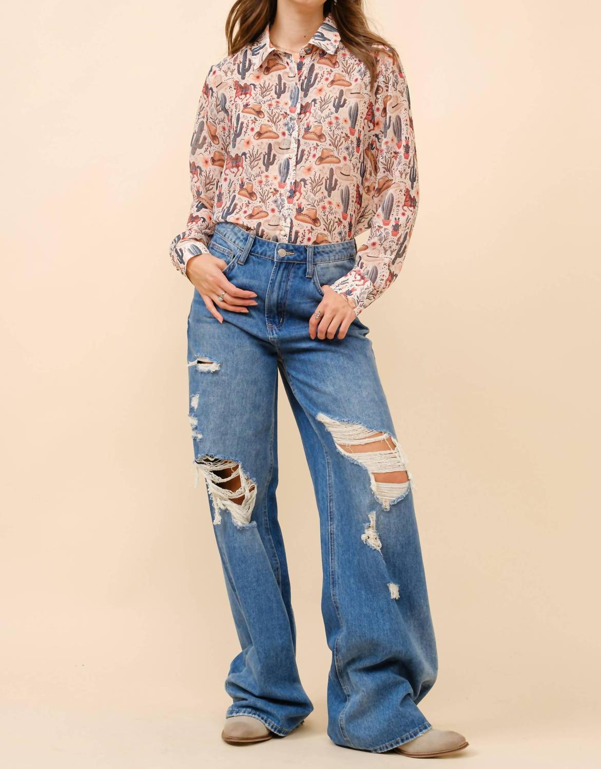Blue B - Western Print Chiffon Button Up Blouse
