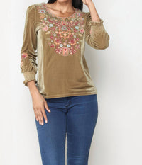 Paparazzi - Stretch Velvet Embroidered Pull-Over Blouse