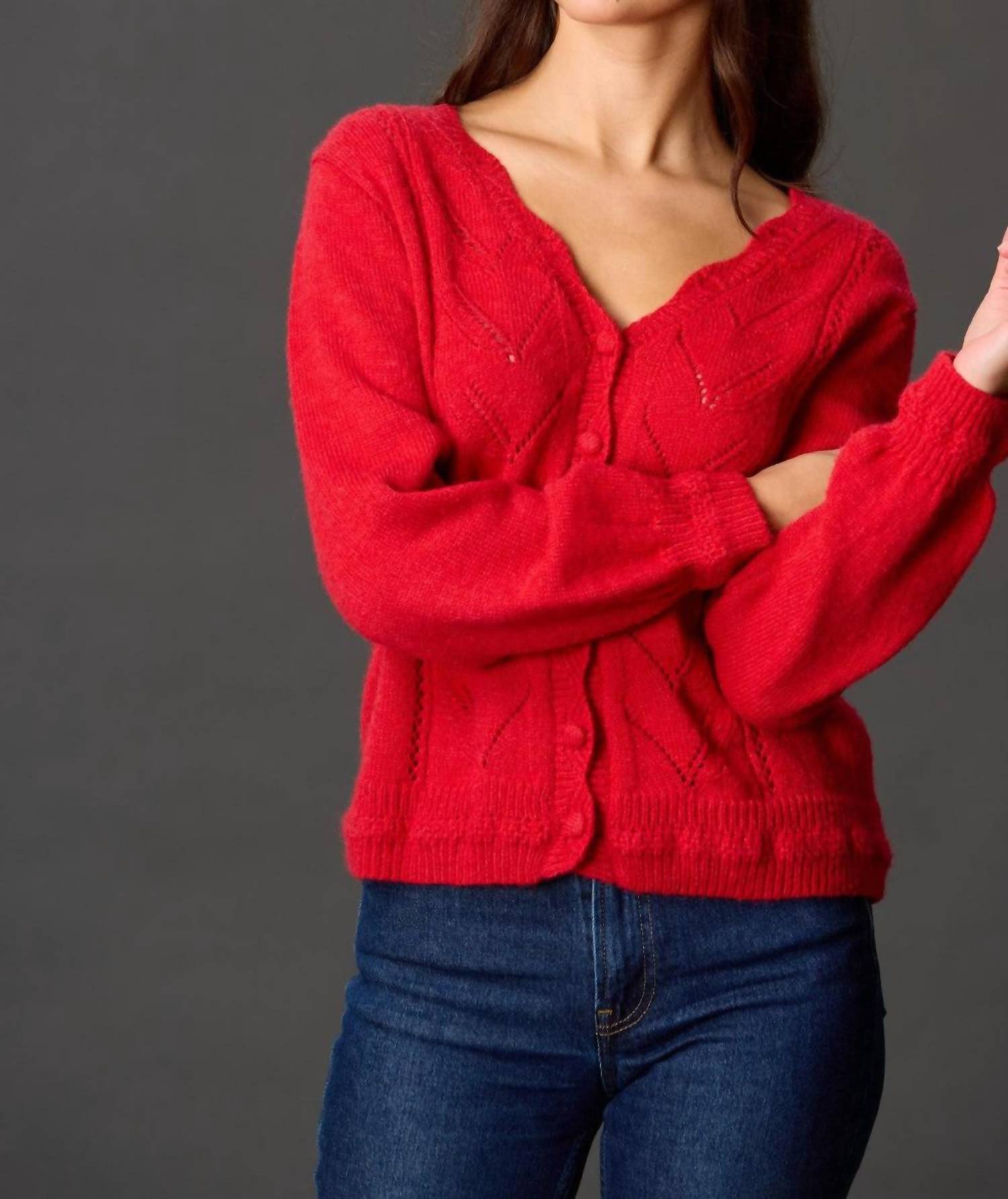 Before You Long Sleeve Button Down Wave Edge Cardigan in red - women's cardigan