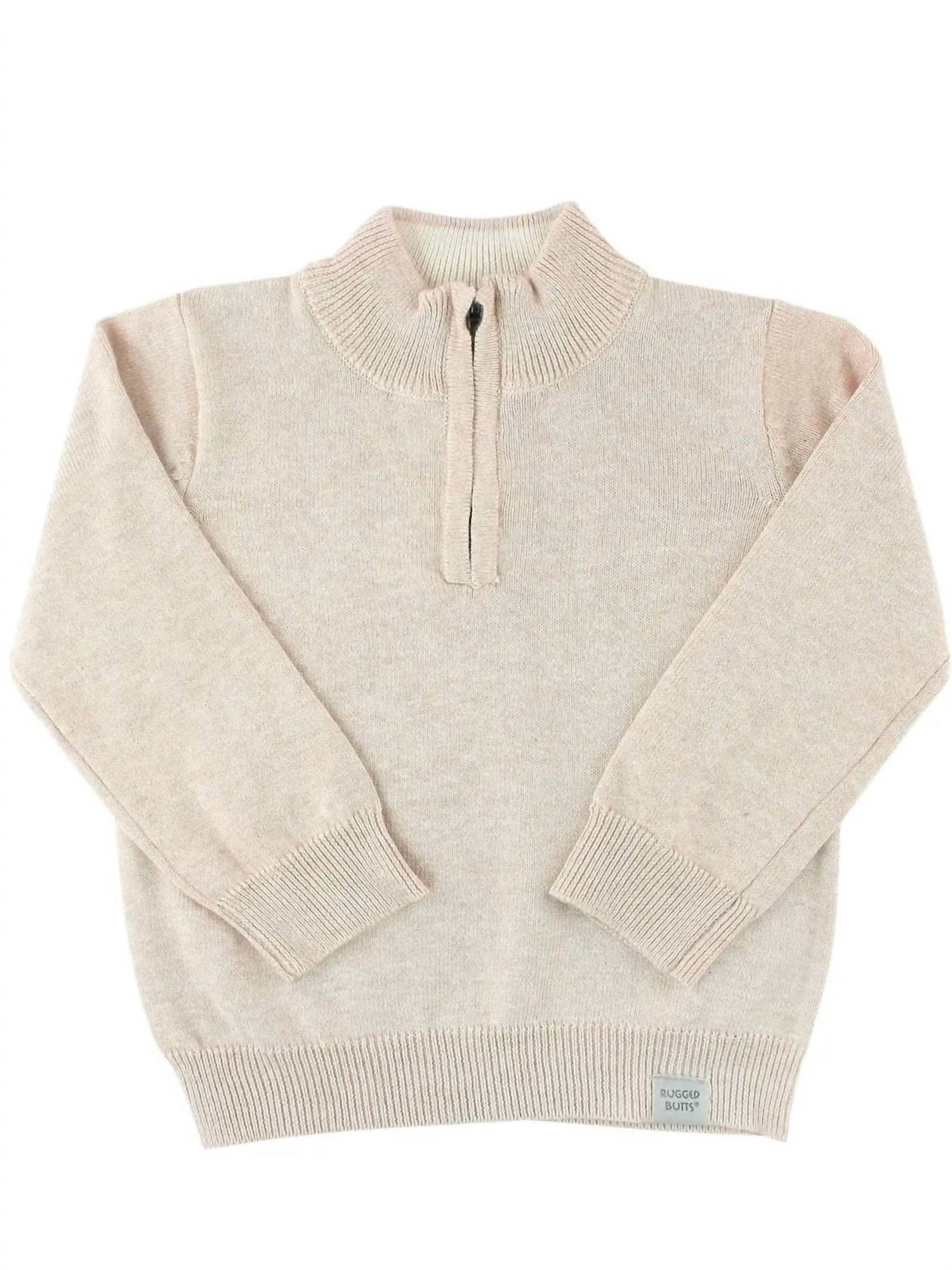 RuffleButts Knit Quarter Zip Sweater in heather oatmeal - kids' sweater - alternate view