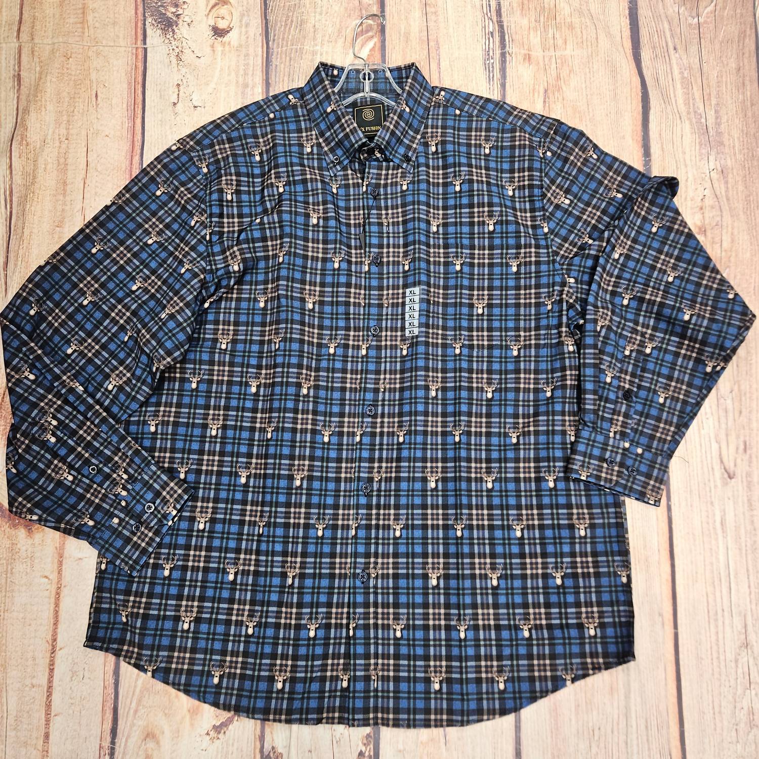 F/X Fusion Men's Deer Plaid Print Button Down Shirt in blue - men's shirt - alternate view