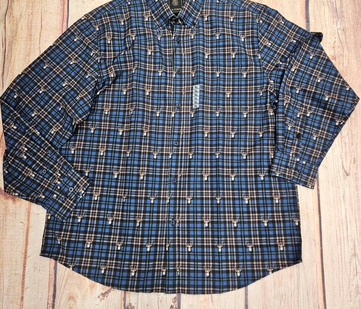 F/X Fusion Men's Deer Plaid Print Button Down Shirt in blue - men's shirt - detail view