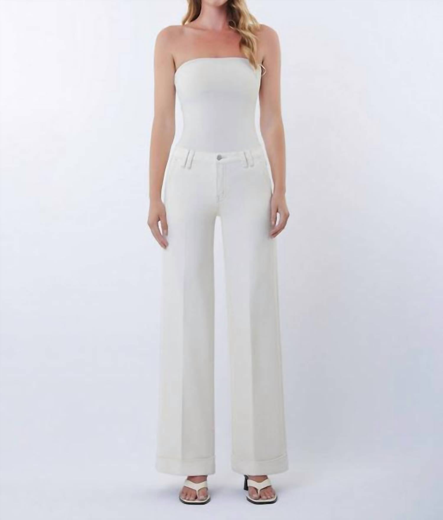 FLYING MONKEY Mid Rise Full Length Trouser Pressed Cuffed Wide Leg Jeans in ecru - women's pants