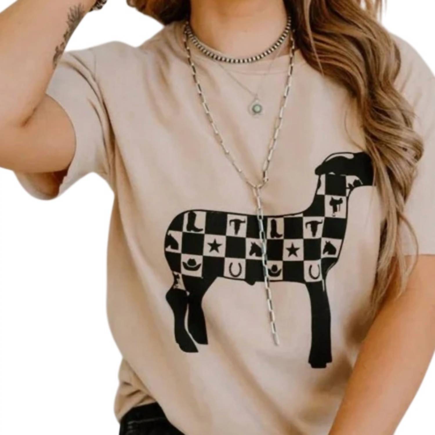 2FlyCo Checkmate Lamb Tee in beige - women's t-shirt - detail view