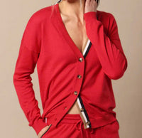Minnie Rose V Neck Cardigan in cranberry - women's cardigan - detail view