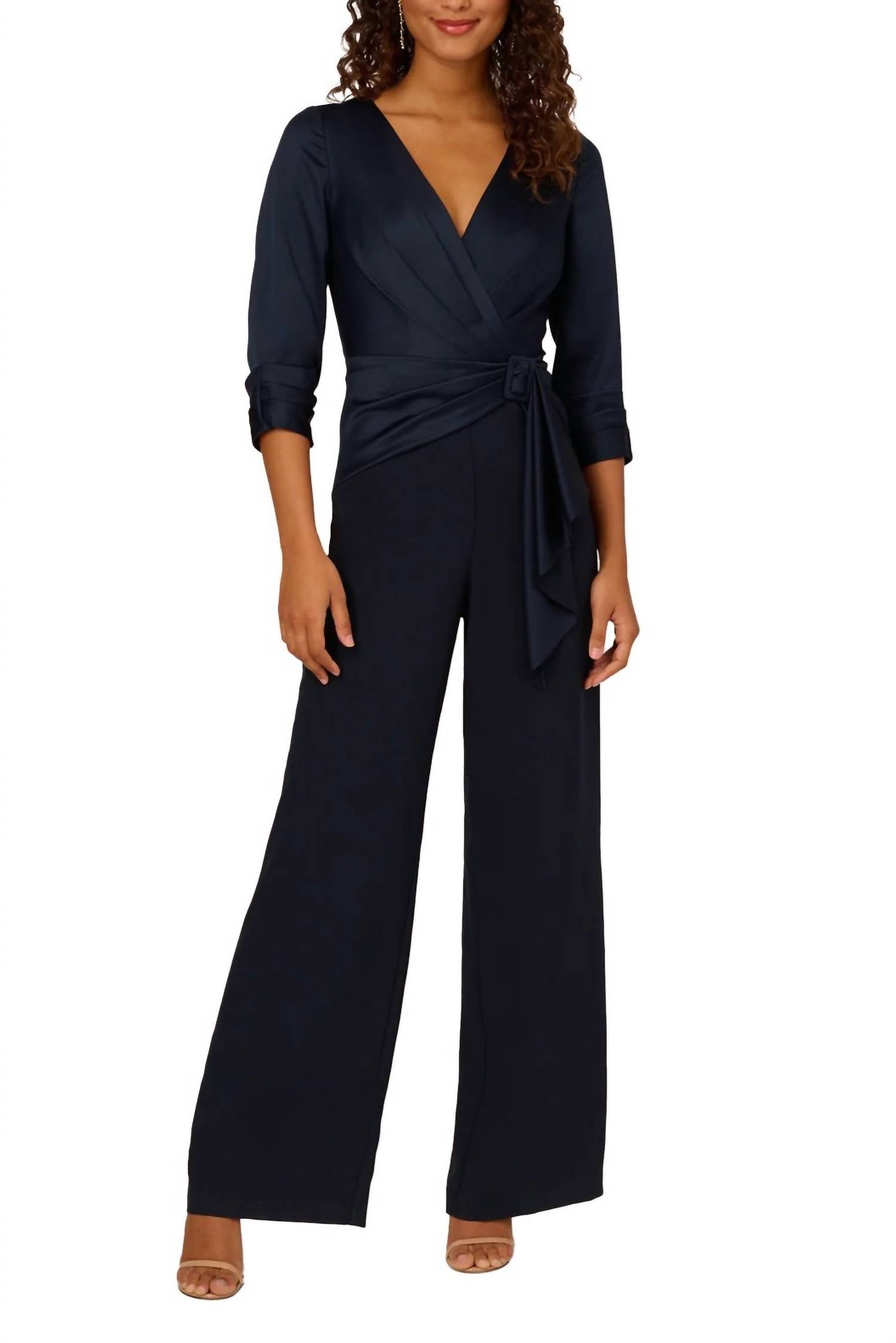 Adrianna Papell - Belted Wide Leg Satin Crepe Jumpsuit