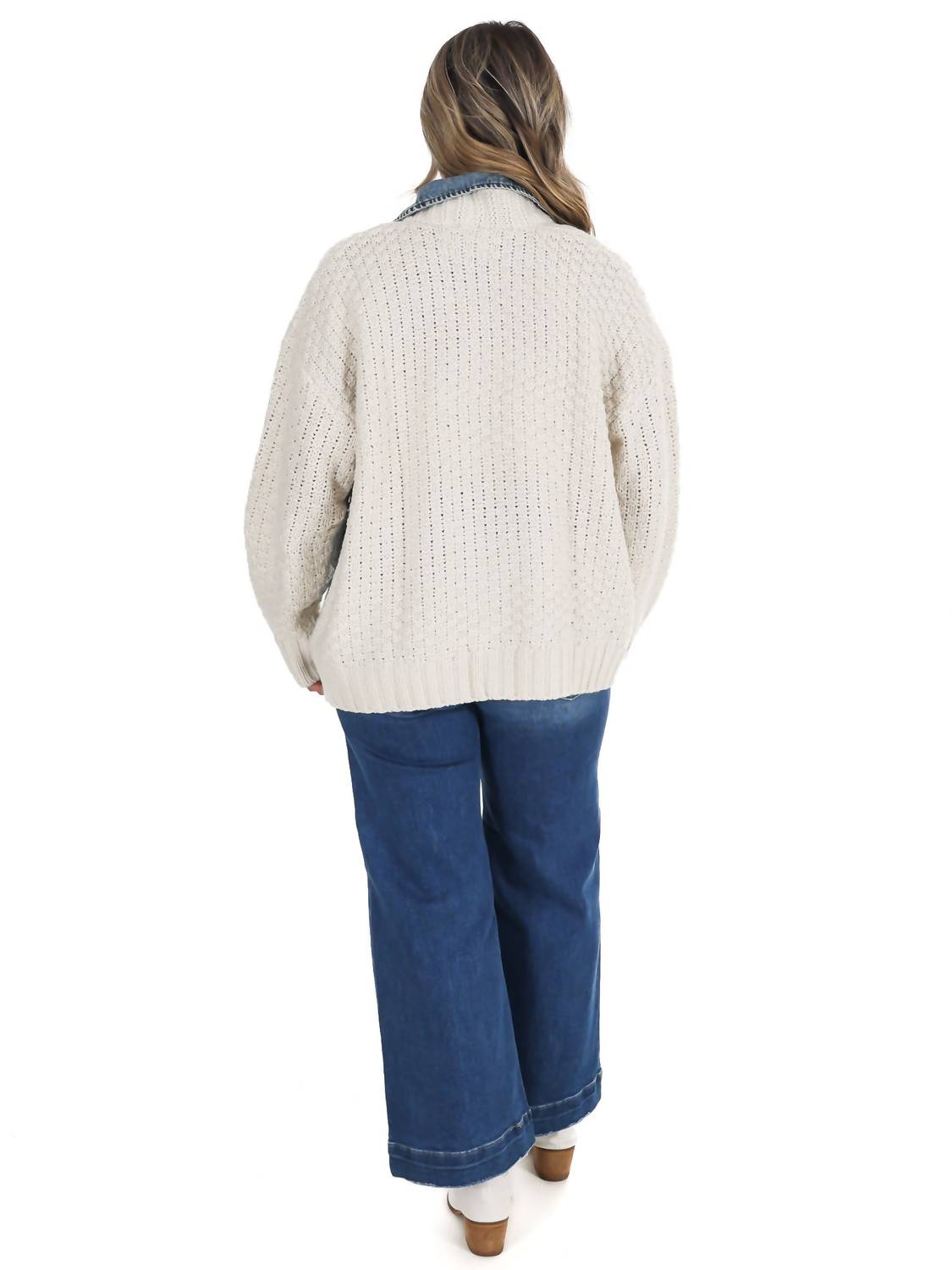 Blu Pepper - Mixed Media Cable Knit Denim Trim Jacket