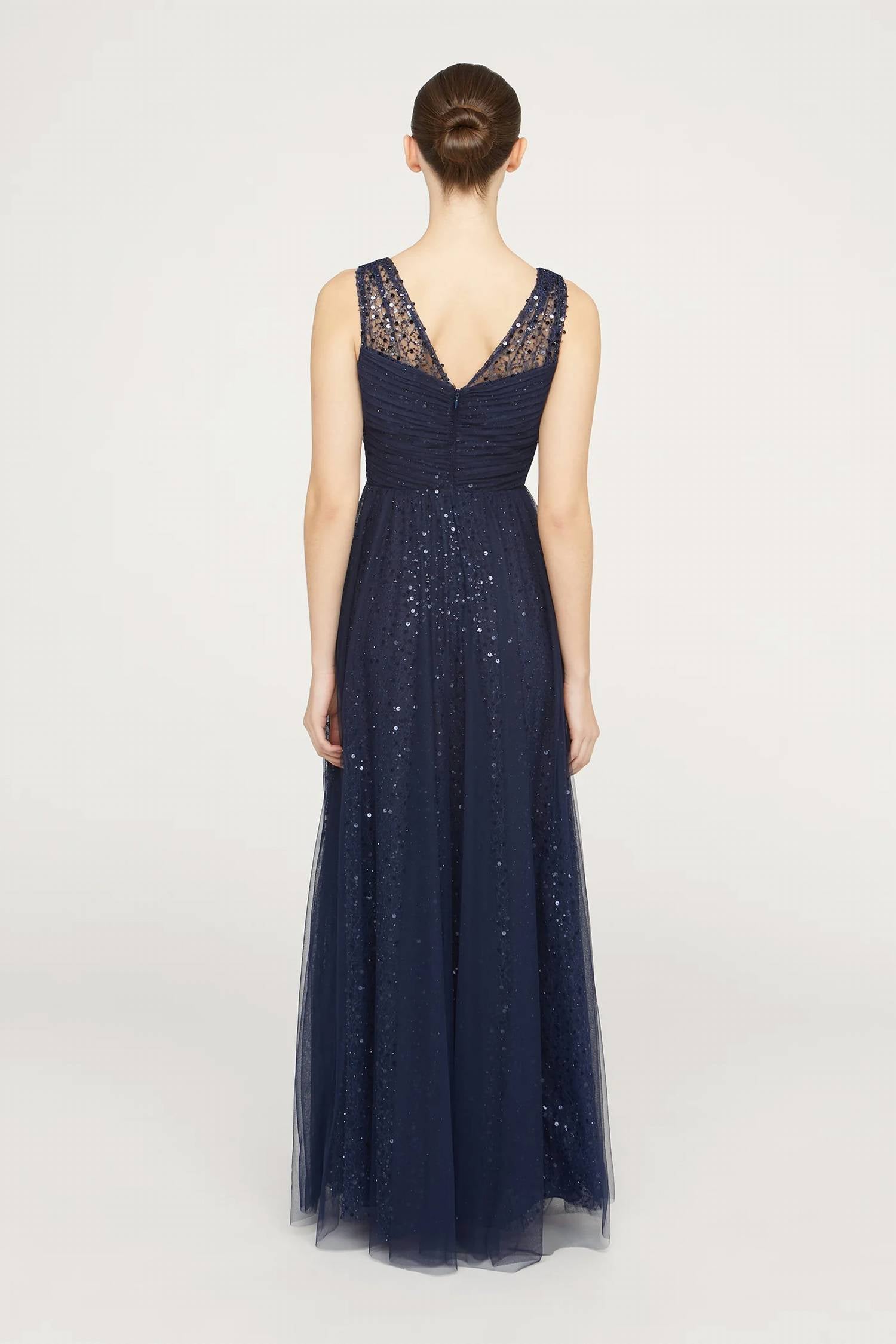 THEIA Kiana Beaded V Neck Gown in navy - women's dress - detail view