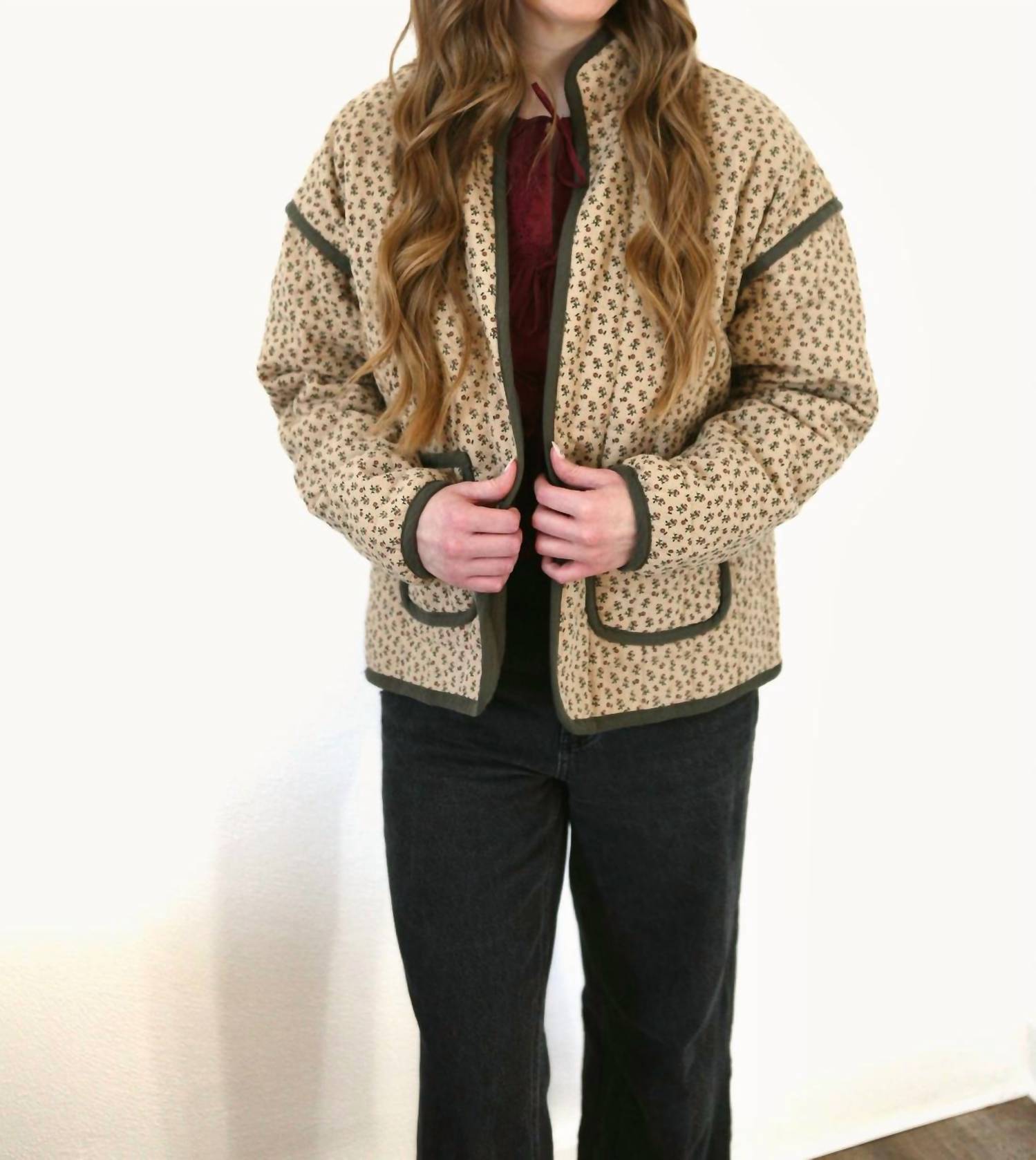 Doe and Rae Floral Quilted Jacket in khaki green floral - women's jacket