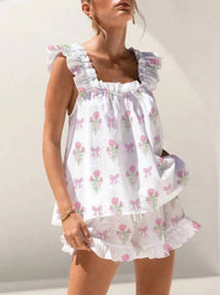 Rosa Clothing - Floral & Ribbon Bow Print Ruffled Top And Shorts Set