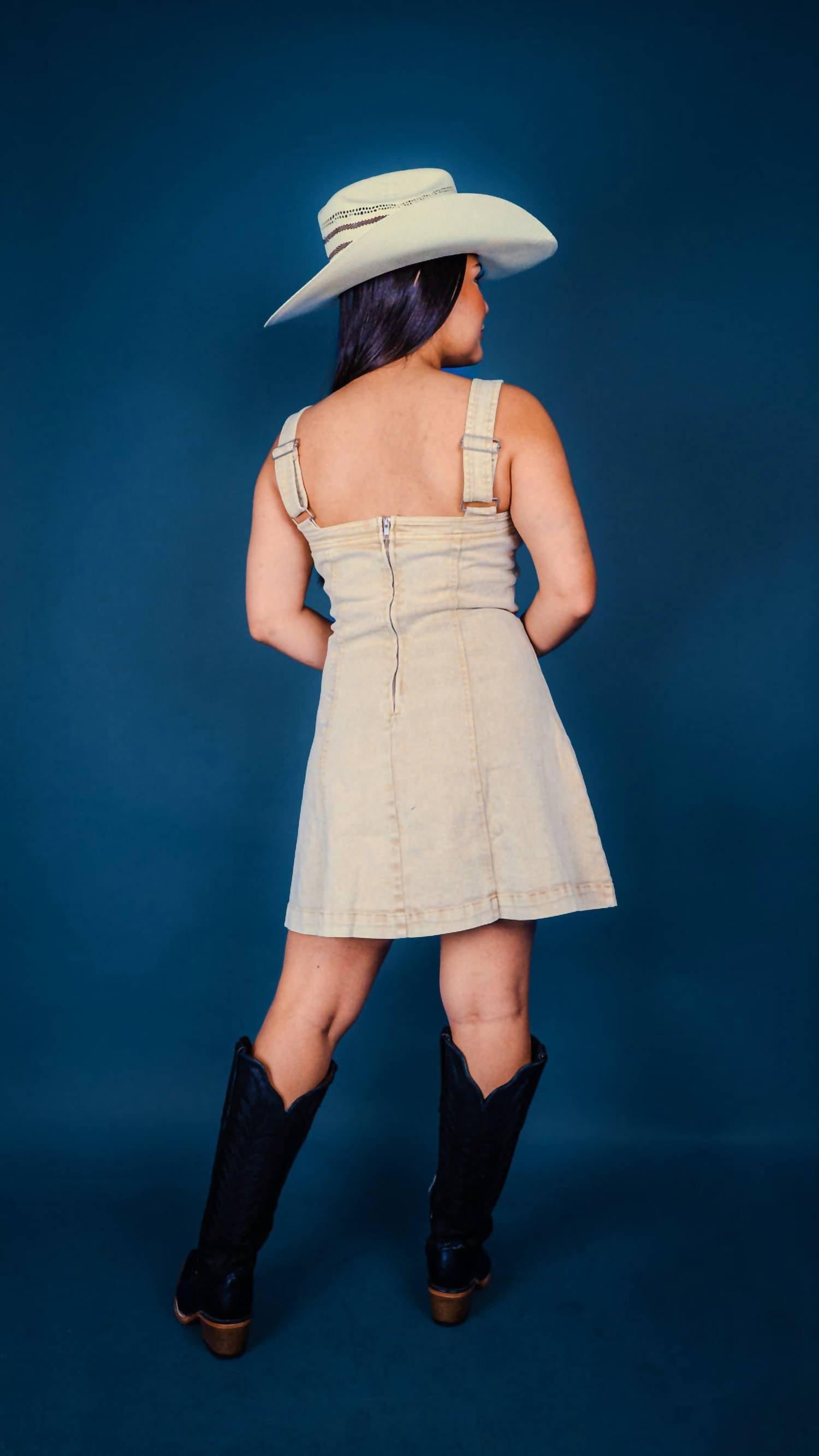 Blue B Studded Western Buckle Stretch Denim Dress in sand - women's dress - detail view