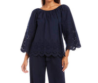 Karen Kane - Flare Sleeve Embroidered Scallop Edge Peasant Top