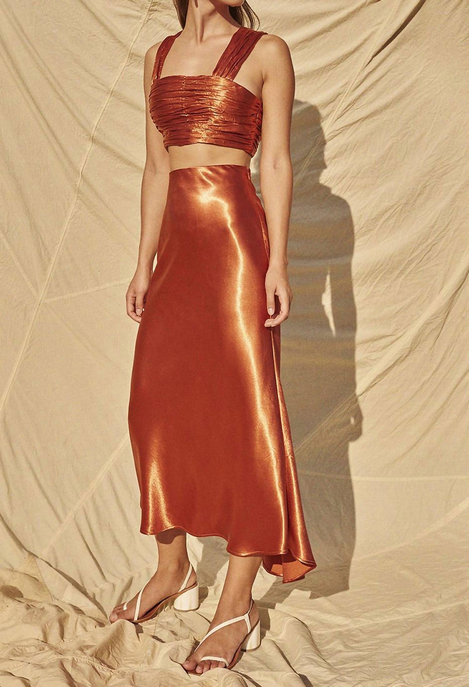 Aiifos Nicole Metallic Satin Crop Top in copper - women's shirt