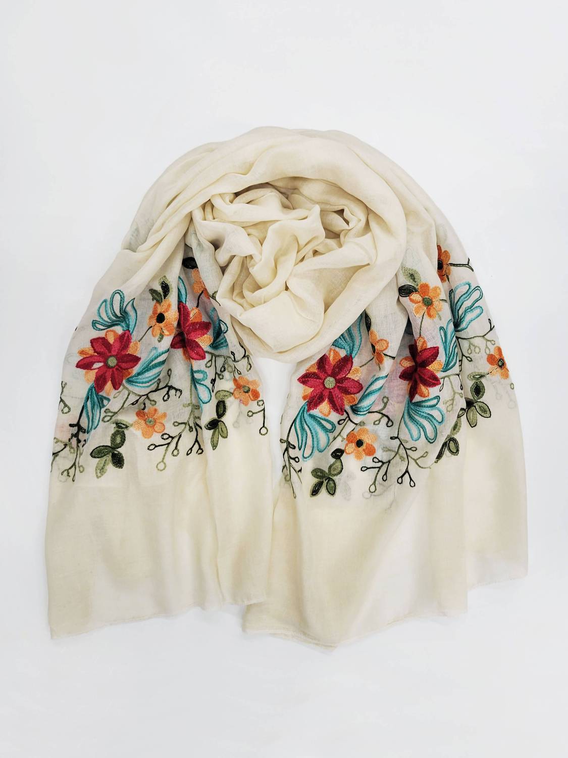 Raj Trading - Women's Pansy Embroidered Sheer Long Rectangle Scarf