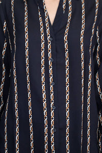 Joan Vass - Collared V-neck Back Yoke Printed Woven Top