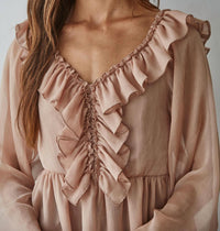 By Together Dreamy Cascade Ruffle Top in pale brown - women's blouse - detail view