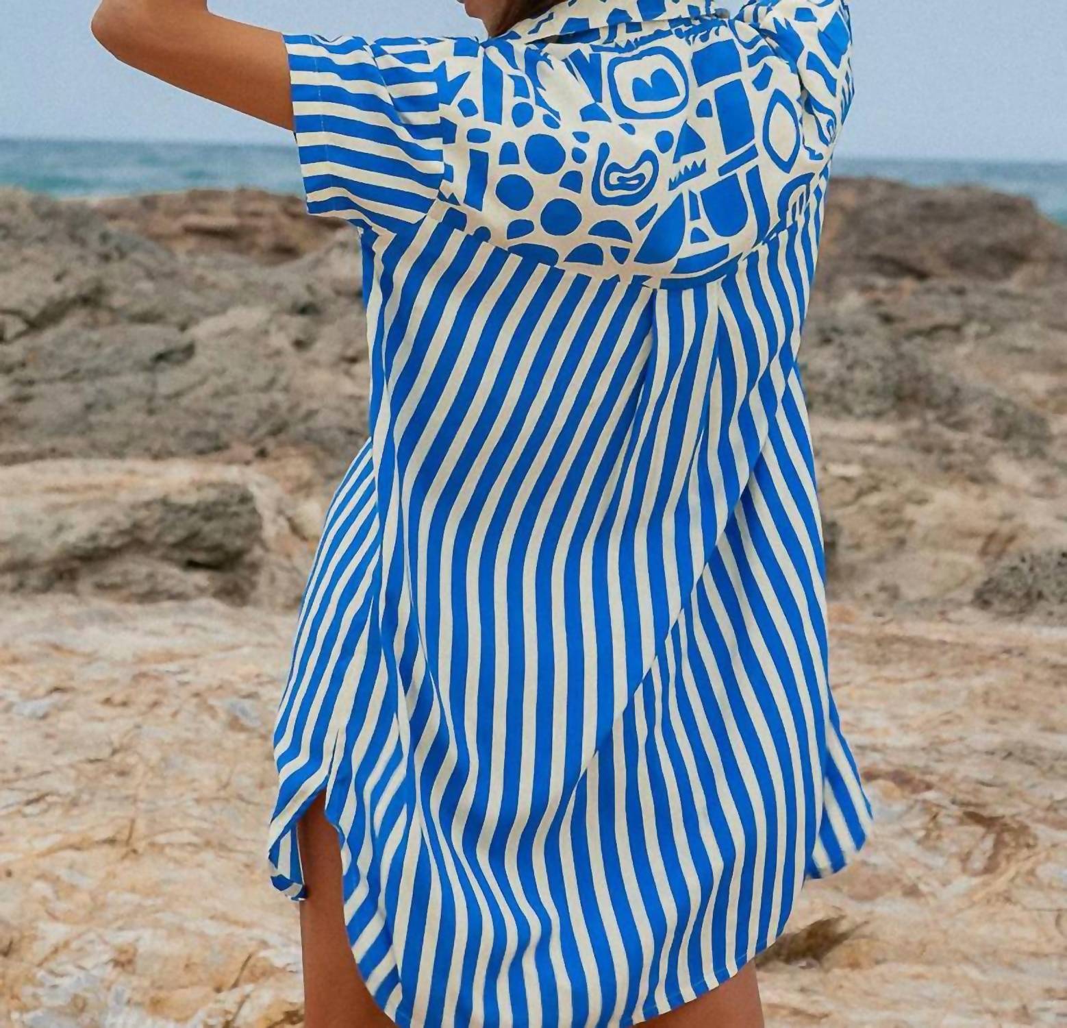 Palm Collective Geo Shirt Dress in blue - women's dress - detail view