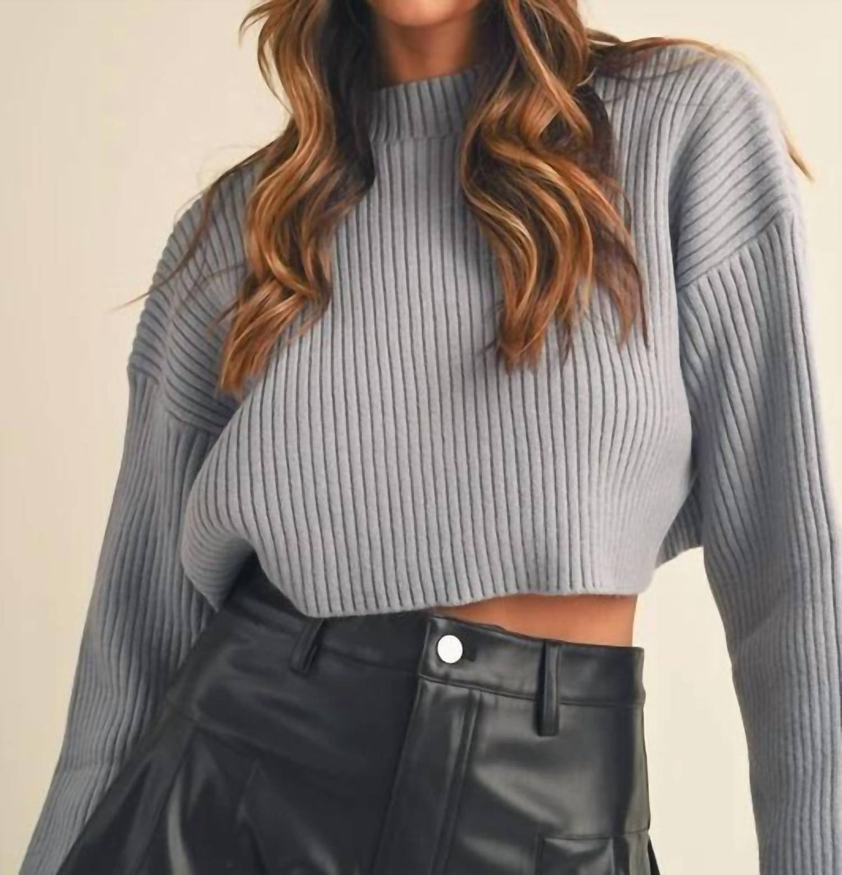 Mable - Mock Neck Cropped Long Sleeve Ribbed Sweater