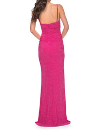 La Femme Rhinestone Embellished Net Jersey Prom Dress in hot pink - women's dress - detail view