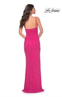La Femme Rhinestone Embellished Net Jersey Prom Dress in hot pink - women's dress - alternate view