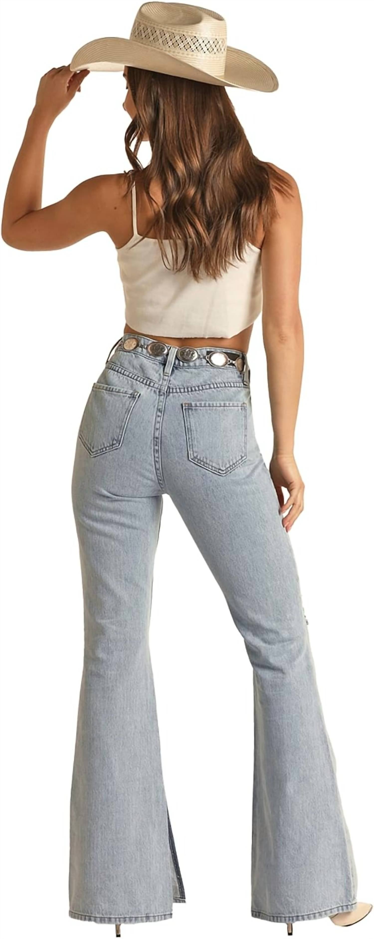 Rock & Roll Denim Slit Hem High Rise Flare Jean in light wash - women's jeans - detail view