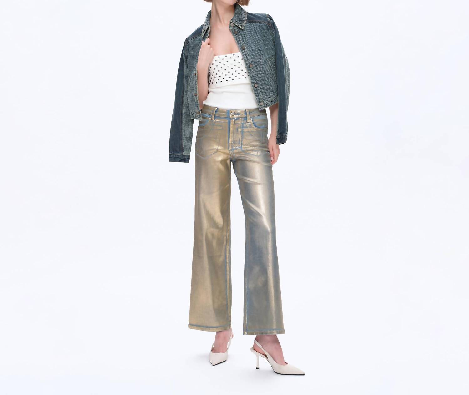 Bayeas Metallic High Waist Wide Leg Jeans in golden blue - women's jeans - alternate view