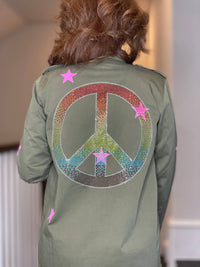 Moving Forward - Army Shacket with Rhinestone Peace Sign