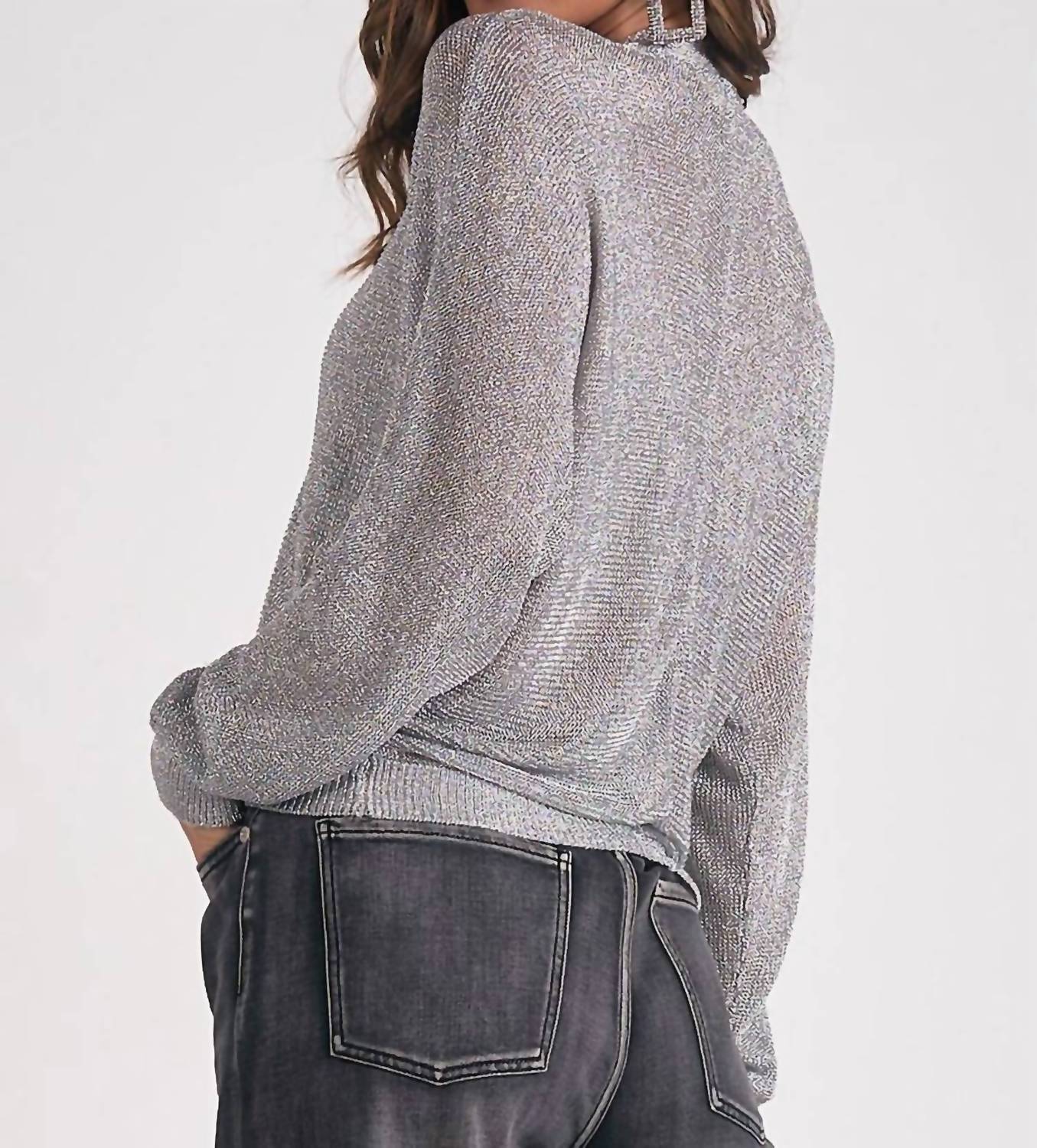 ELAN Metallic Zip Cardigan Sweater in silver - women's cardigan - alternate view