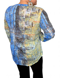 Shana Apparel Long Sleeve Crinkle Tunic Top in blue multi - women's long sleeve top - alternate view