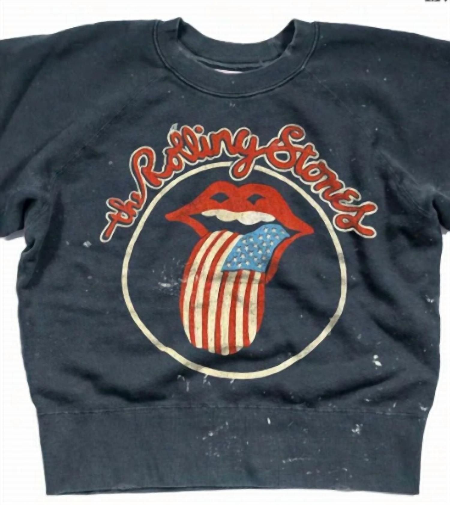 MadeWorn Unsiex Rolling Stones Short Sleeve Sweatshirt in navy bandana - women's t-shirt - detail view