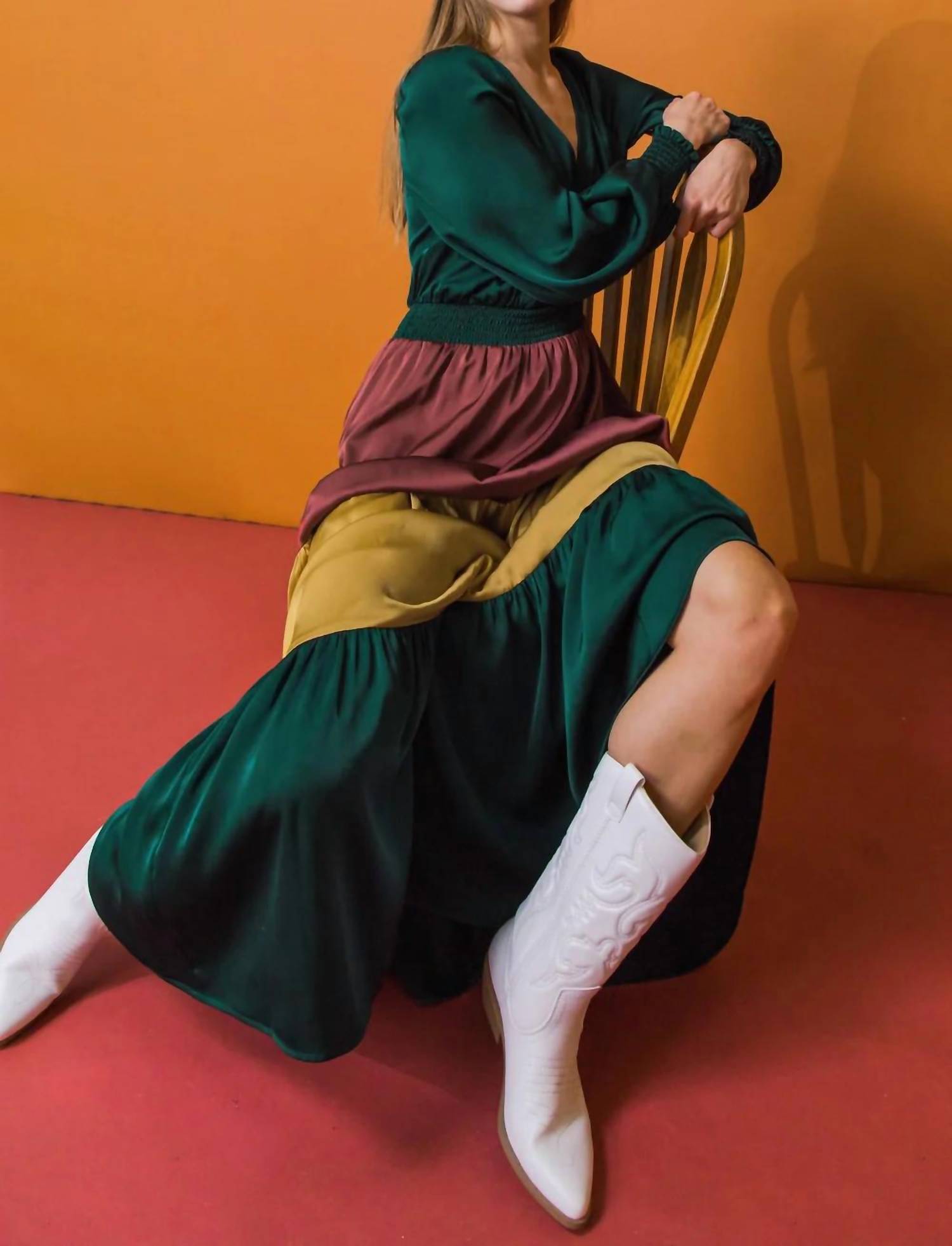 Flying Tomato - Solid Satin Color Blocked Maxi Dress