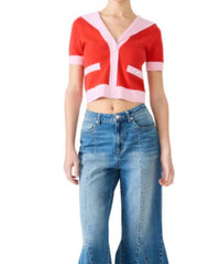 STEVE MADDEN Aden Short Sleeve V-neck Sweater in red - women's sweater - detail view