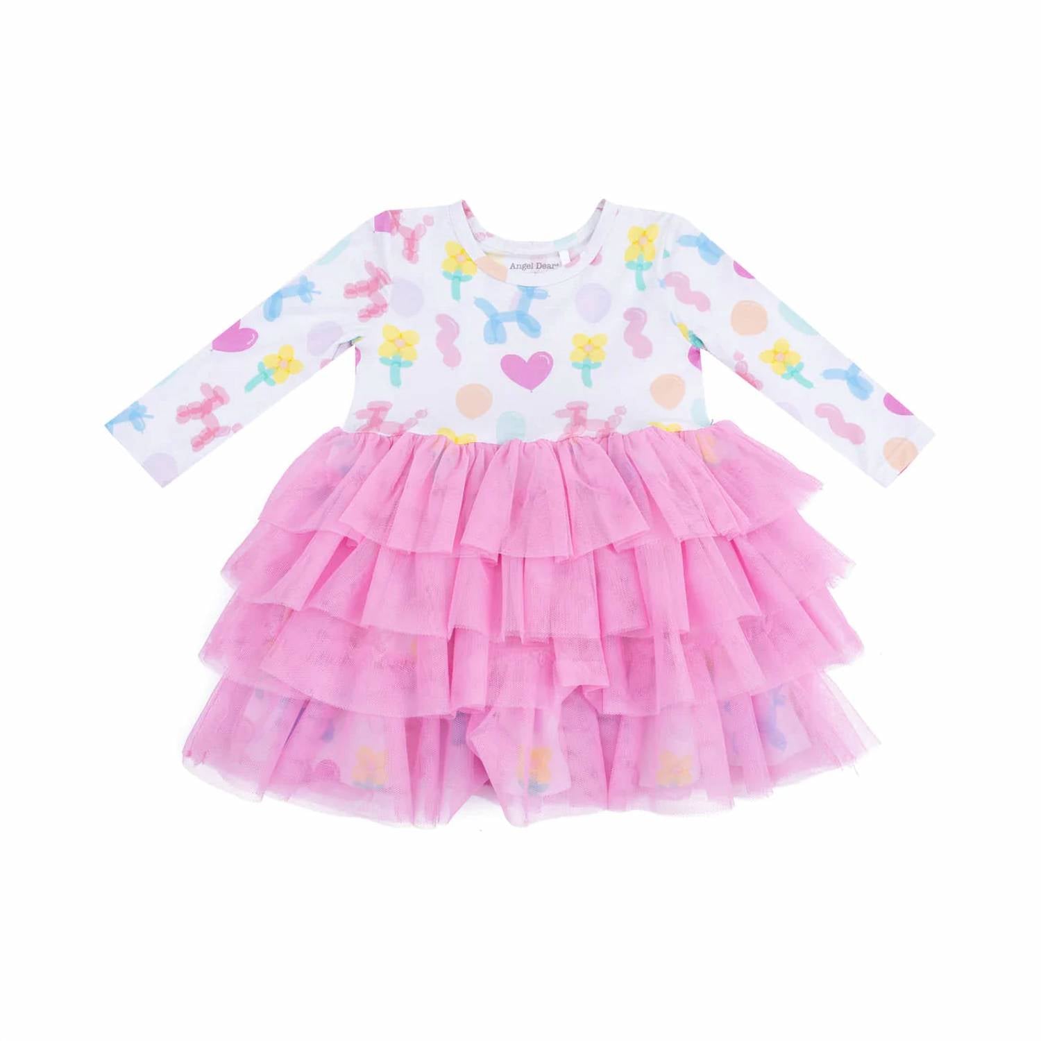 Angel Dear - Kids' Balloon Animals Print Long Sleeve Tulle Dress