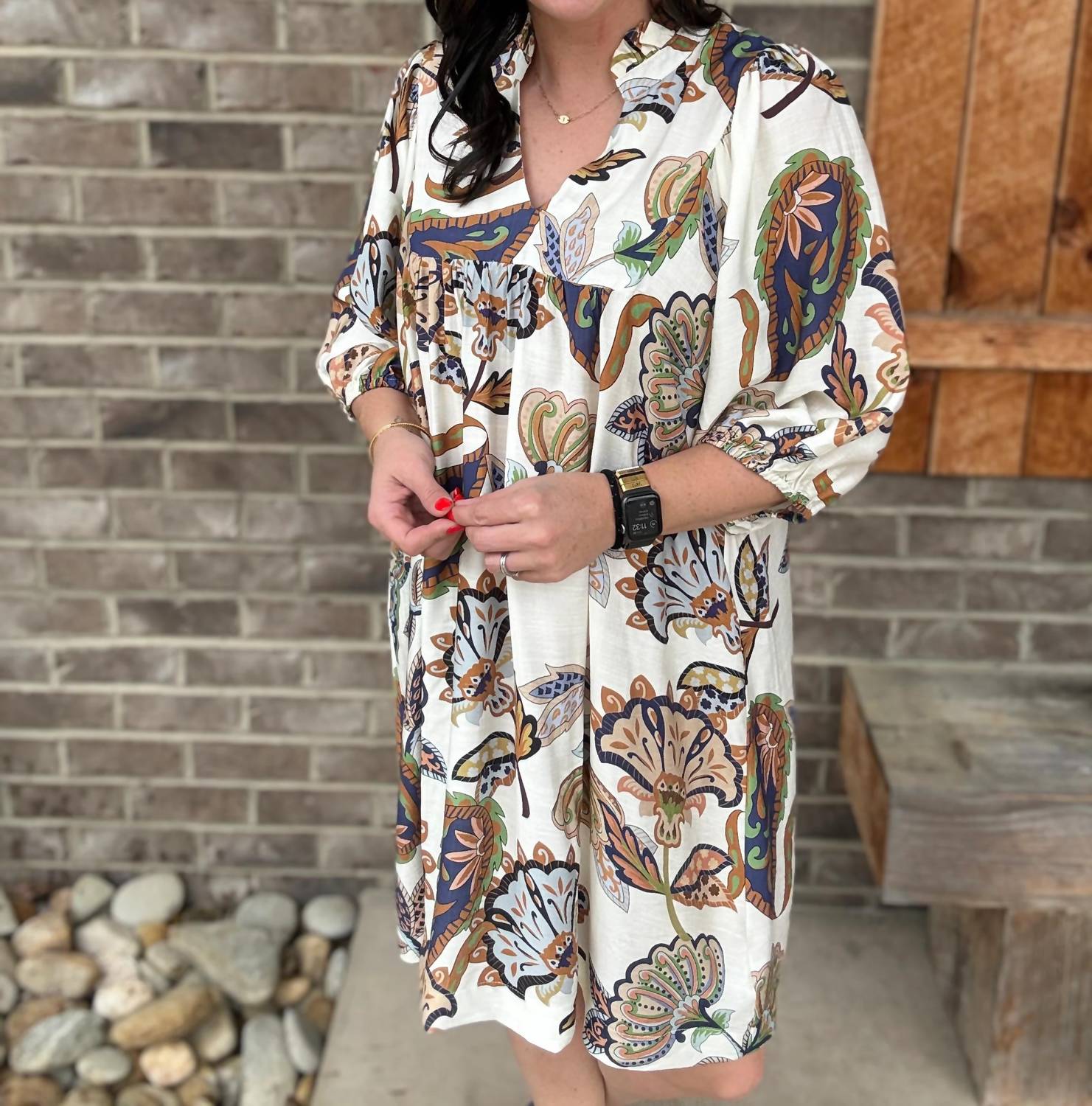Umgee - Abstract Print Puff Sleeve Babydoll Dress