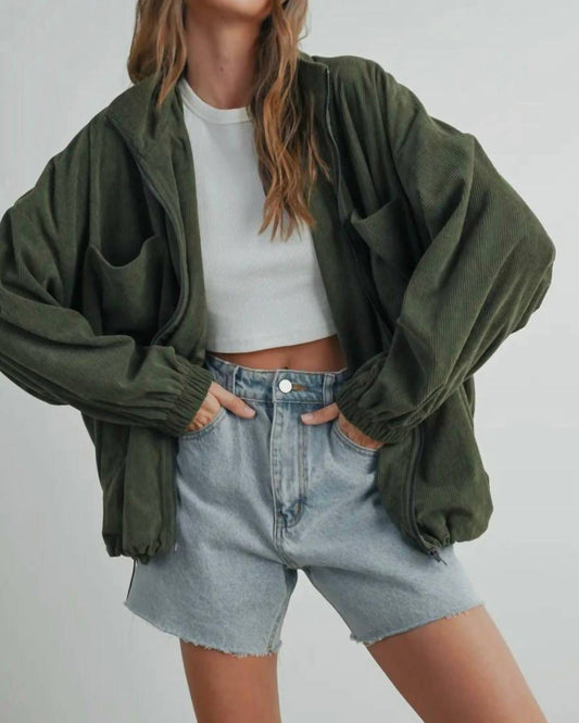 Urban Daizy - Nakia Lapel Corduroy Zipper Jacket