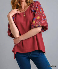 Umgee - Embroidery Balloon Sleeve Linen Blend Top