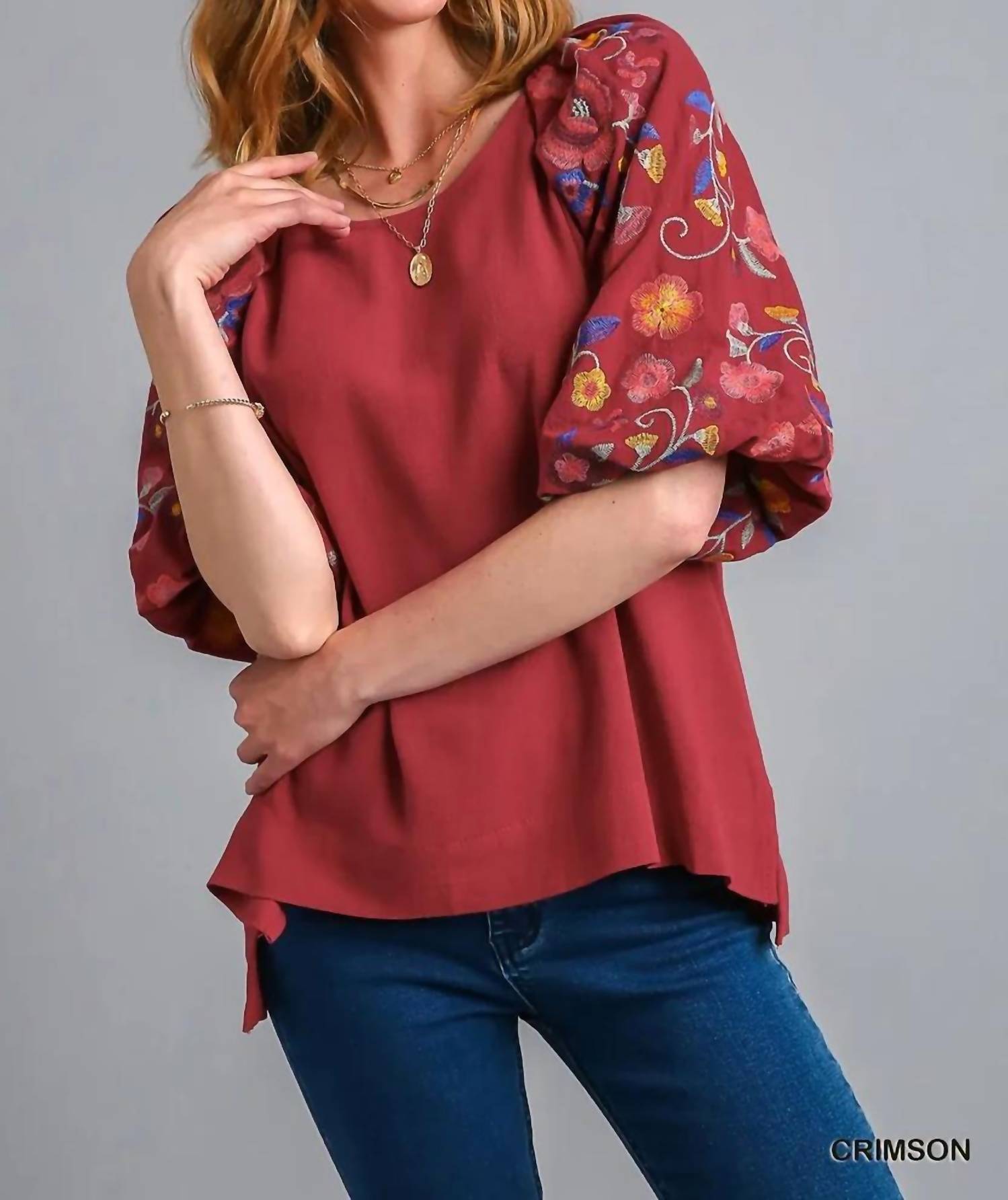 Umgee - Embroidery Balloon Sleeve Linen Blend Top
