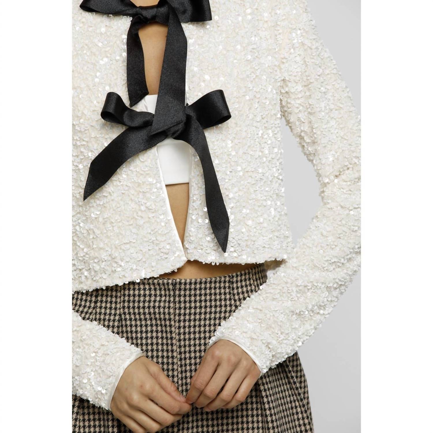 STORIA Solid Sequin Ribbon Bow Jacket in cream black - women's jacket - view 6