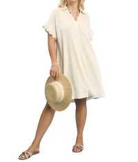 umgee Good Things Happen Linen Scallop Mini Dress - Plus in oatmeal - women's dress - detail view