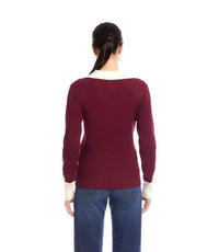 Karen Kane Catrina Contrast Ribbed Polo Sweater in wine and cream - women's sweater - detail view